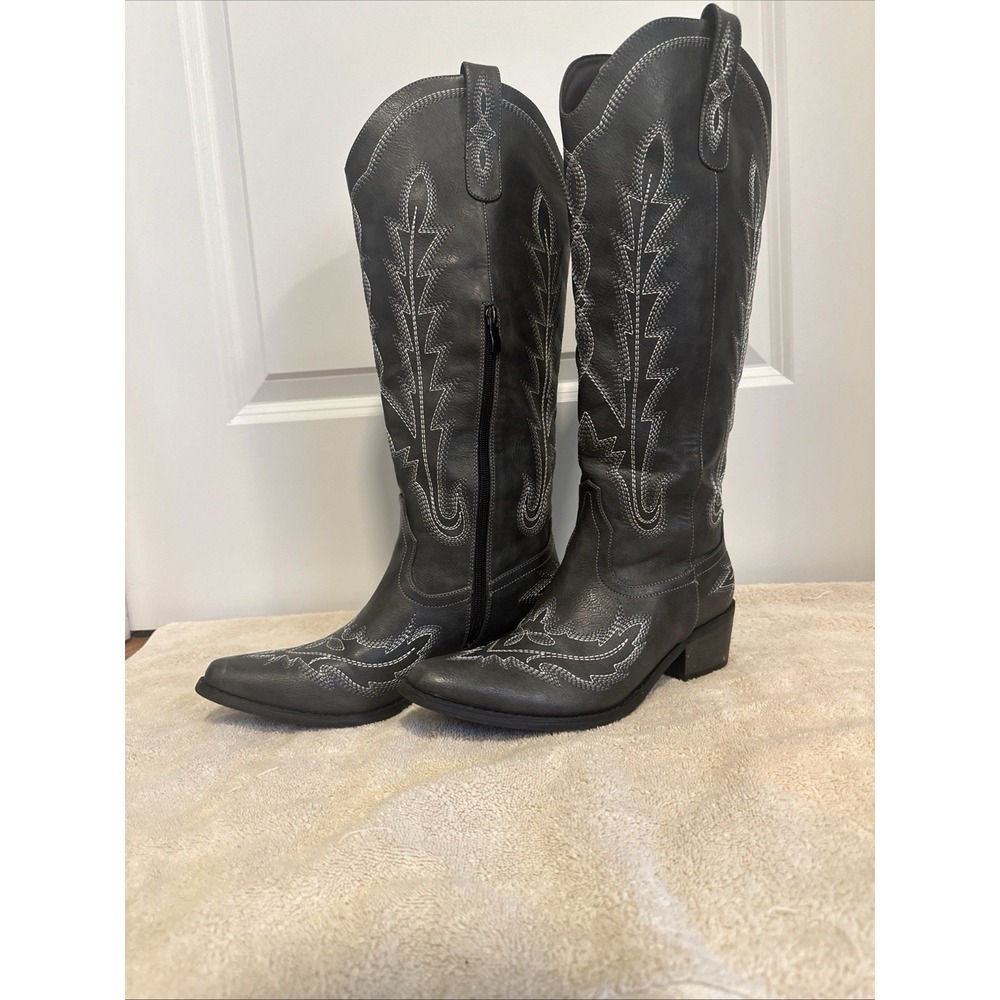 Cowgirl Boots Western Rodeo Charcoal Gray White Embroidery Stitch Size 7.5 M Zip